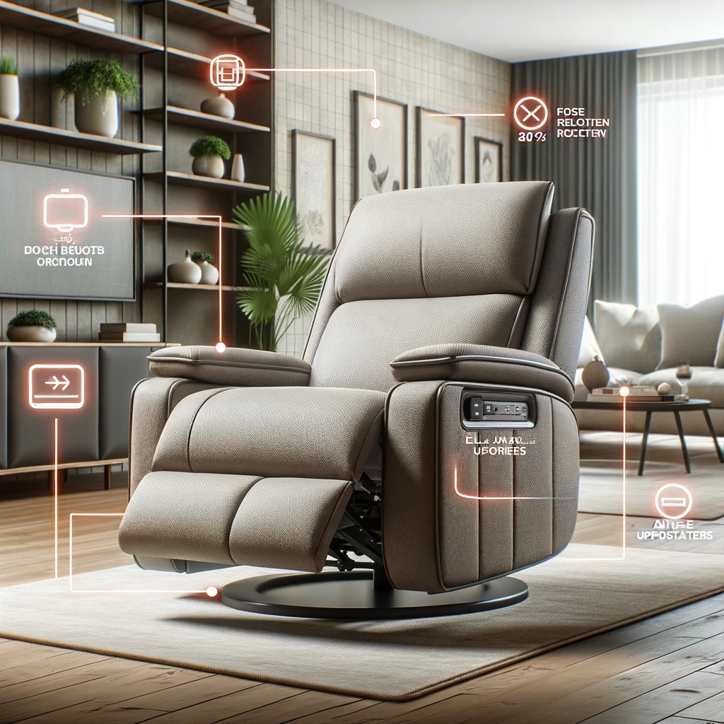 photo of a stylish wall hugger recliner in a modern apartment setting. superimposed arrows and labels identify the chair's key features, including its