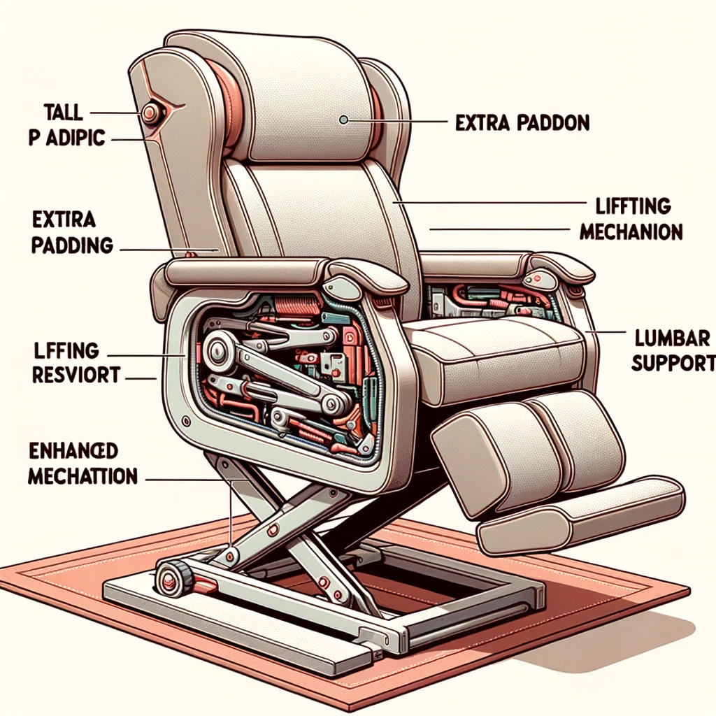 Illustration of a side-view cutaway of a lift chair for tall and big individuals, revealing the internal mechanism. Labels indicate features like extra padding, robust lifting mechanism, and enhanced lumbar support.