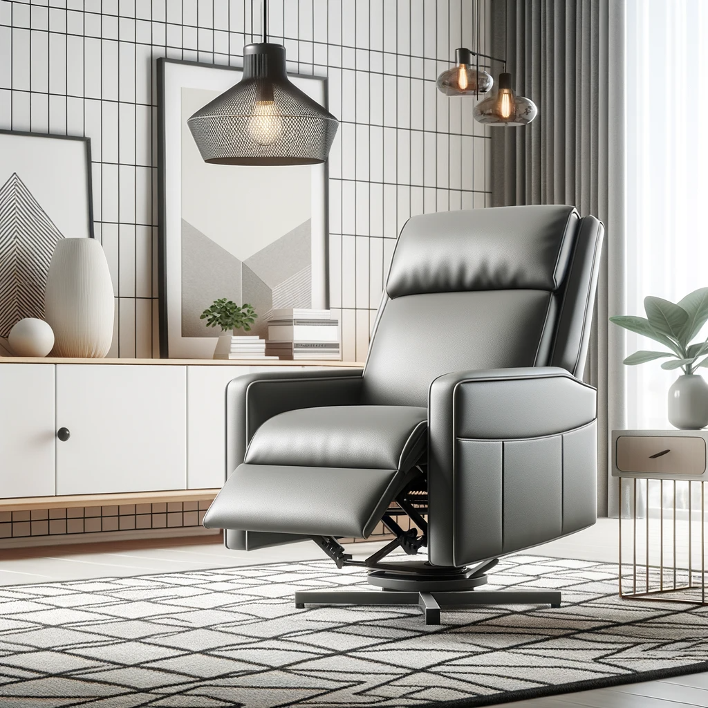 Illustration of a 2-position lift recliner chair in a modern apartment with minimalist decor. The chair has a sleek design, upholstered in gray leather. A geometric rug underlines it and a pendant light hangs above.