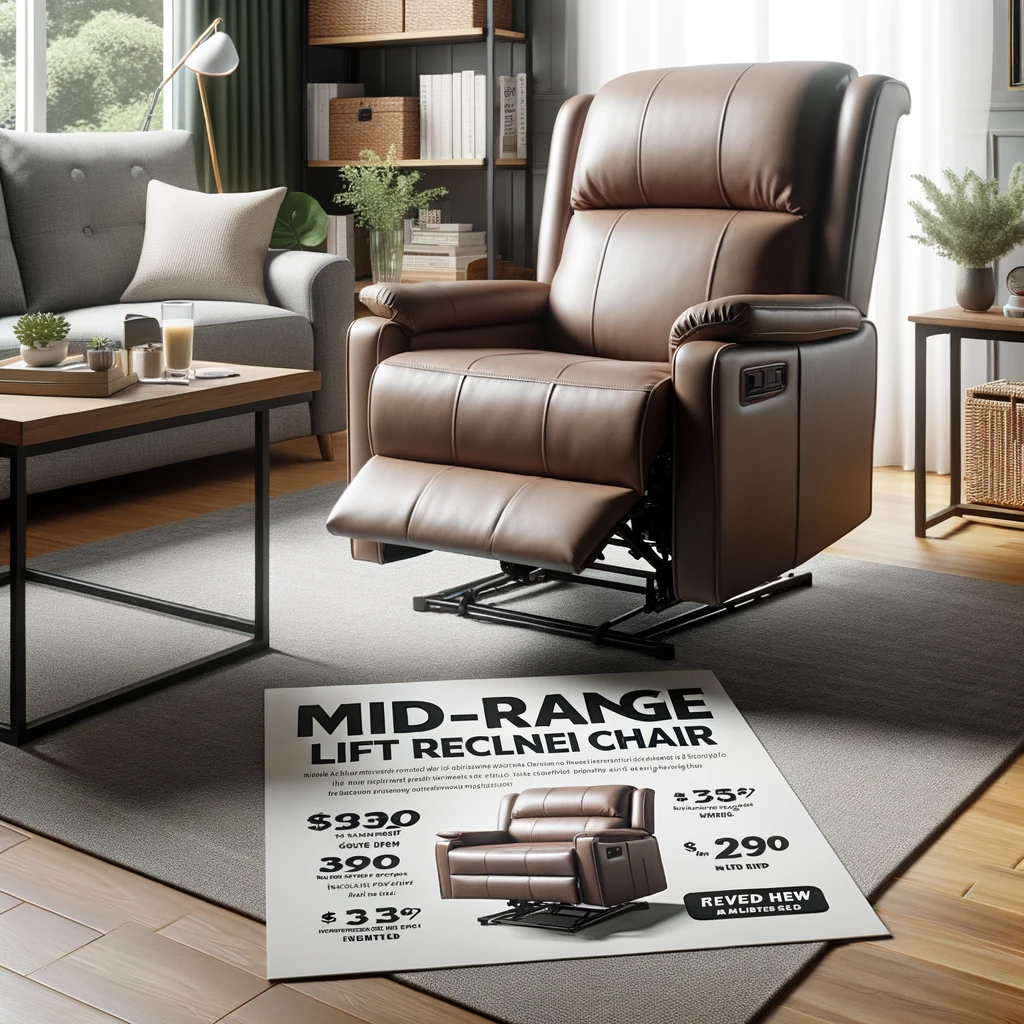 dall·e 2023 10 24 07.29.46 photo of a mid range lift recliner chair in a home environment. on the nearby coffee table, there's an advertisement brochure with the chair's feature