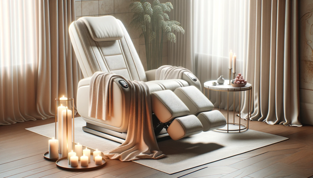 render of a therapeutic heated recliner in a spa setting. the chair is draped with a plush blanket, and there are scented candles on a table next to i