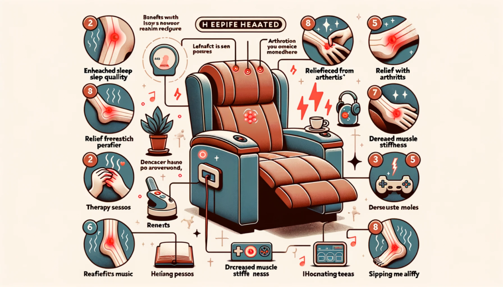 infographic of a therapeutic heated recliner with labeled features. benefits such as 'enhanced sleep quality', 'relief from arthritis', and 'decreased