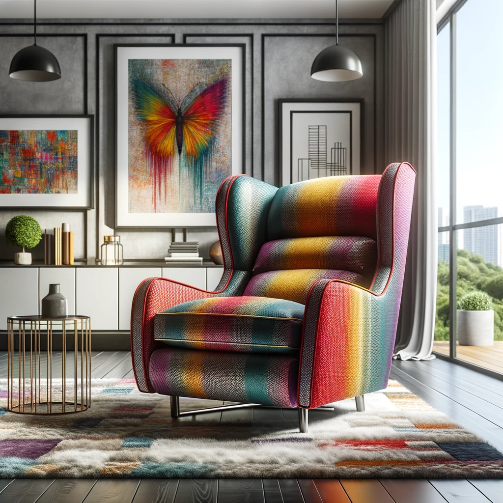 photo of a vibrant, colorful wingback recliner placed in a modern decor setting. the room has contemporary art on the walls, a plush rug, and large wi