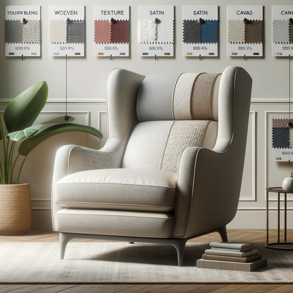 photo of a modern wingback recliner with patches of different fabrics attached to it. each patch represents a material choice for modern decor, with l