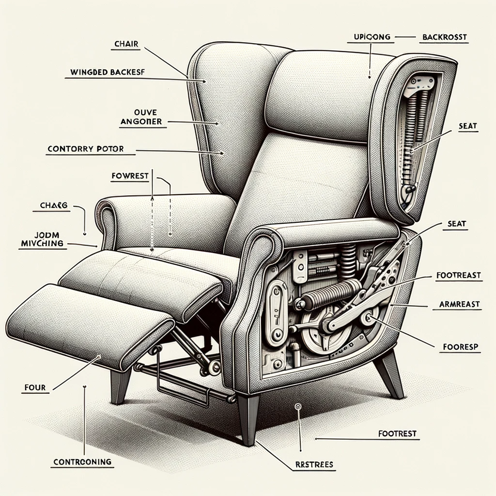 photo diagram of a wingback recliner highlighting its features in a modern decor setting. the chair is sleek with contemporary upholstery. labels poin