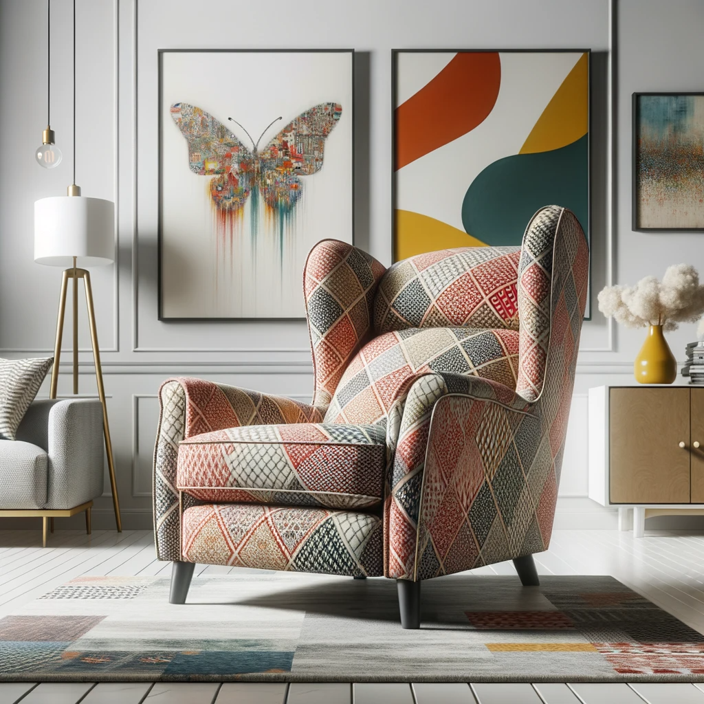 Dall E 2023 10 25 02.42.41 Photo Of A Wingback Recliner Upholstered In A Bright Patterned Fabric Standing Out As The Centerpiece In A Room With Minimalist Modern Decor And Abs 