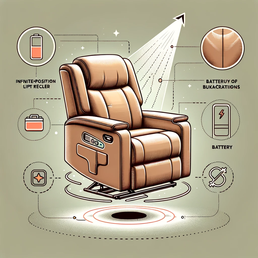 dall·e 2023 10 27 08.06.30 vector design of an infinite position lift recliner with annotations. the chair smoothly shifts between numerous recline angles, showcasing its limitl