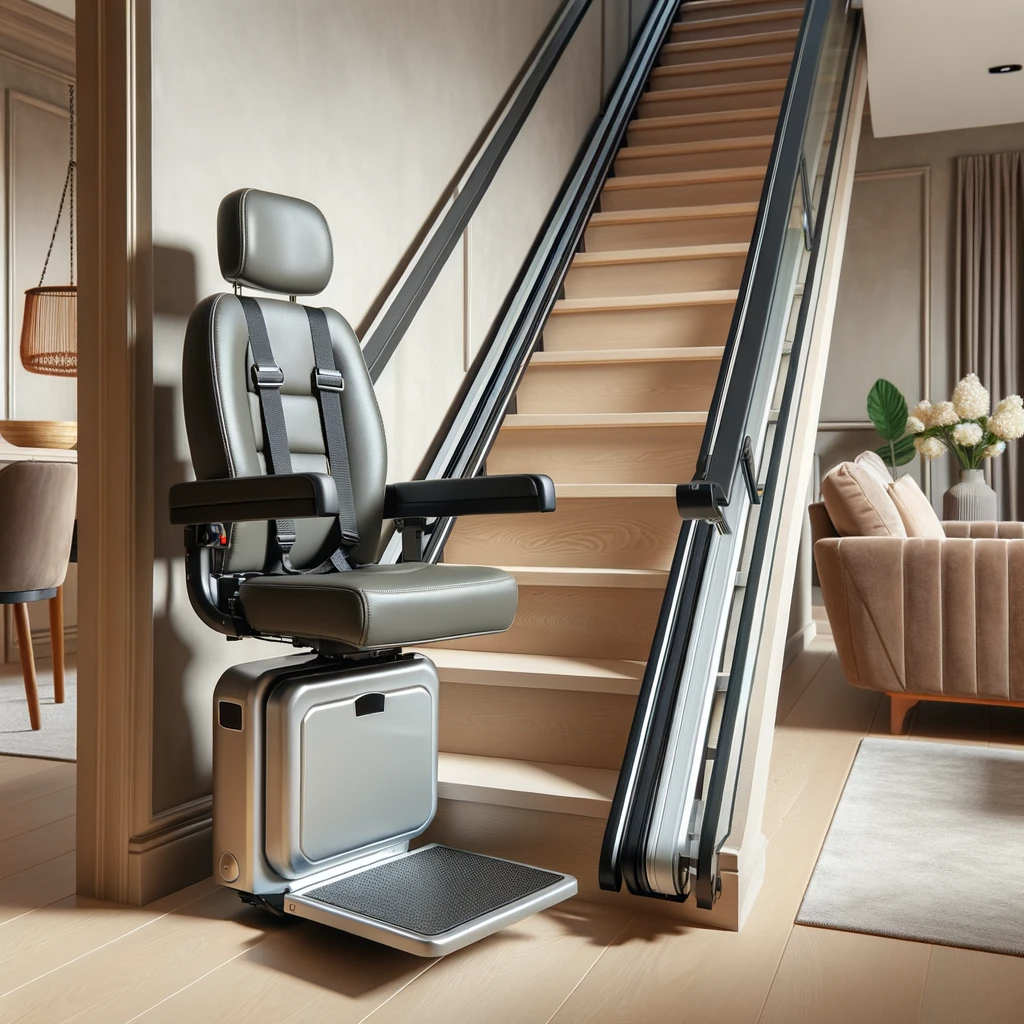 dall·e 2023 10 28 01.03.27 photo of a straight stair lift installed in a modern home. the stair lift has a padded seat, safety belt, and ergonomic armrests. the rail system is s