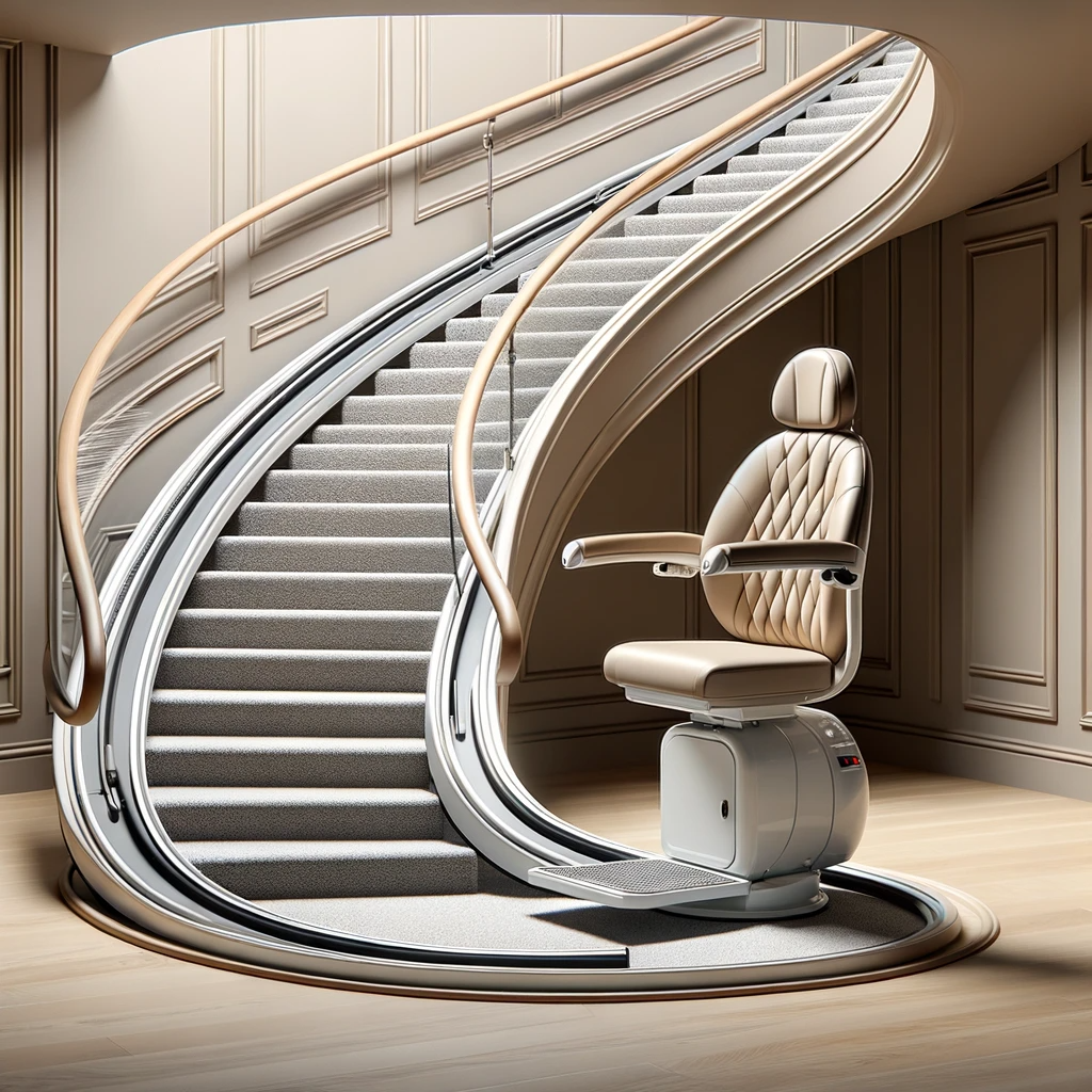 dall·e 2023 10 28 01.12.58 photo of a curved stair lift elegantly designed for a winding staircase. the lift showcases a comfortable seat with a seatbelt and the rail system gra