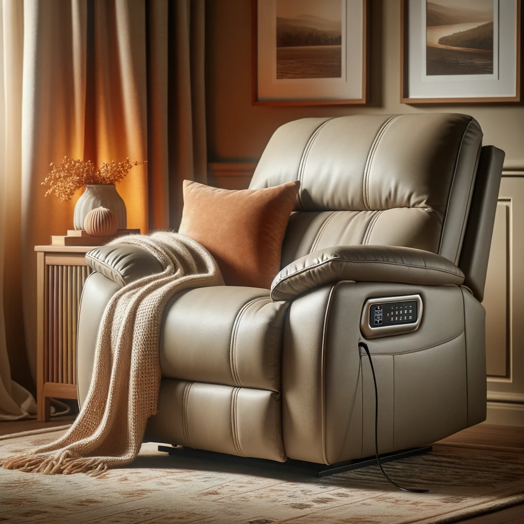 Photo of a plush power recliner in a cozy living room setting. The recliner is upholstered with soft beige leather, and it has a sleek electronic control panel on the side. A warm-toned throw blanket is draped over one arm, and a decorative cushion rests on the seat.