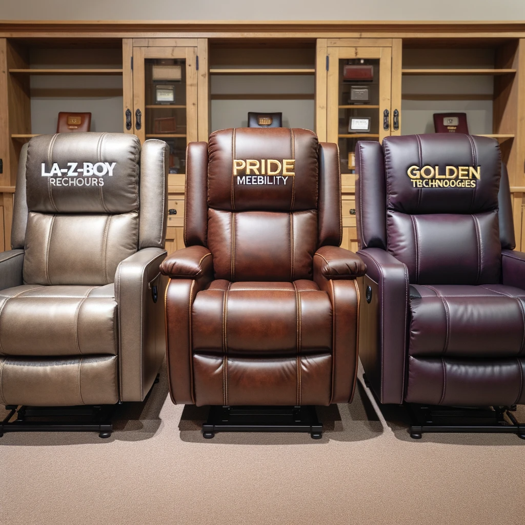 Photo of a trio of power recliners side by side in a showroom. Each recliner represents one of the brands: 'La-Z-Boy', 'Pride Mobility', and 'Golden Technologies'. The respective brand names are embroidered on the seat cushions of each chair.