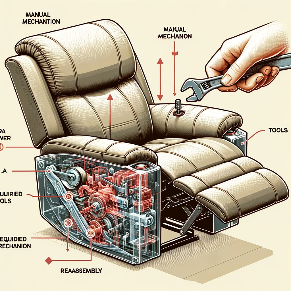 Illustration of a power recliner with a transparent view, exposing its inner workings. The manual lever mechanism is prominently displayed in a contrasting color, with arrows indicating its detachment. A hand with a wrench is shown in the act of unscrewing the manual mechanism. Callouts label the 'Manual Mechanism Removal', 'Required Tools', and 'Reassembly Steps', offering a visual guide on how to transition the recliner from a dual-functioning unit to solely power-operated.