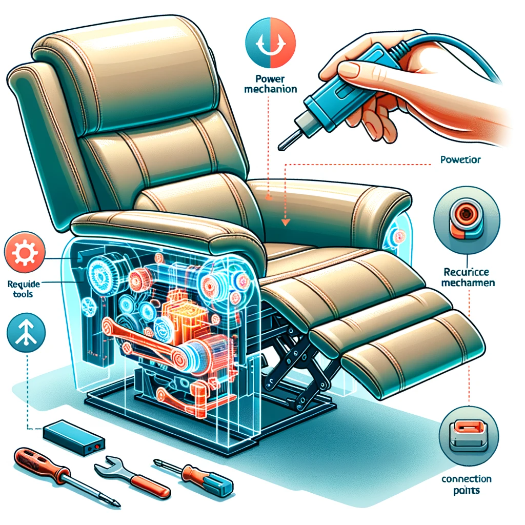 Illustration of a recliner with a transparent view, showcasing its inner components. The power mechanism is highlighted in vibrant colors, with arrows indicating its integration points. A hand holding an electric connector is shown connecting the mechanism. Callouts label the 'Power Mechanism Installation', 'Required Tools', and 'Connection Points', offering a visual step-by-step guide on how to equip the recliner with a power-operated system.