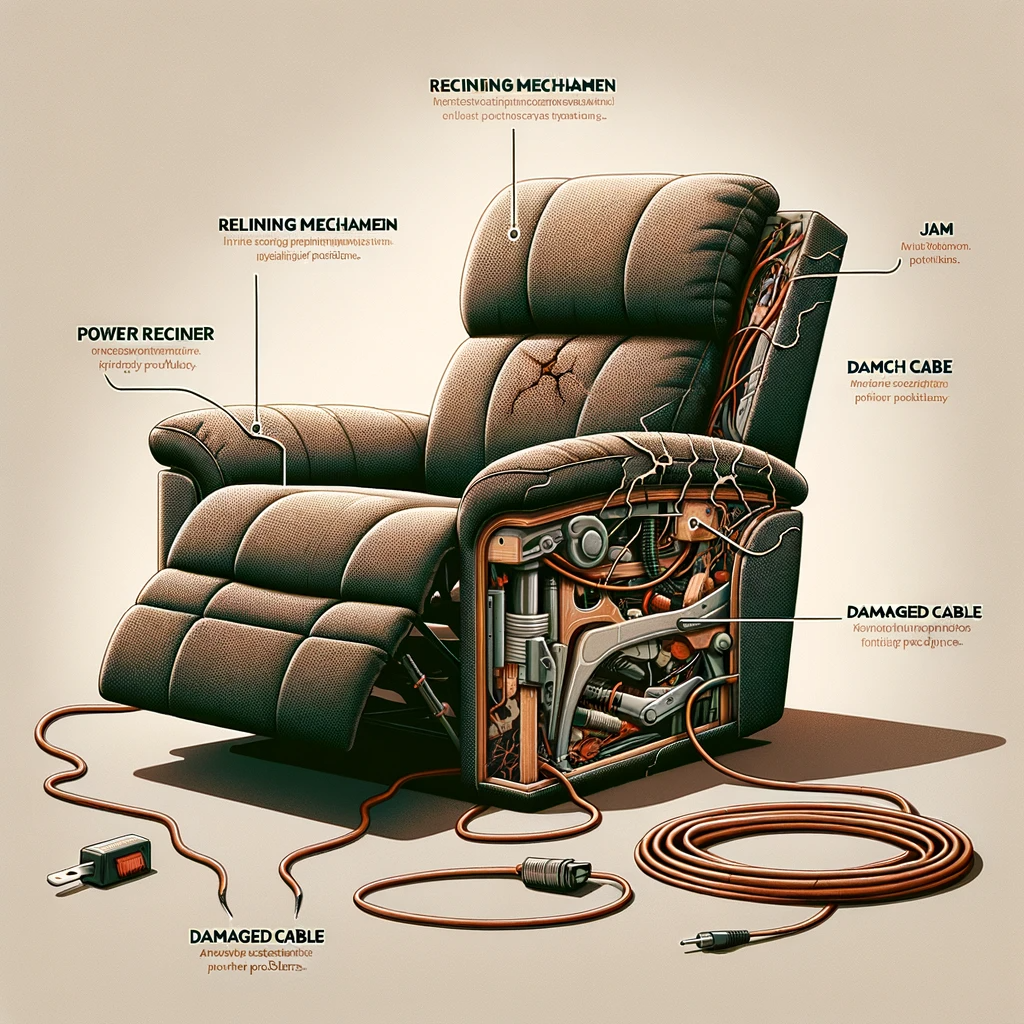 illustration of a power recliner split into two sections against a neutral backdrop. the left section showcases a tangled and twisted reclining mechan