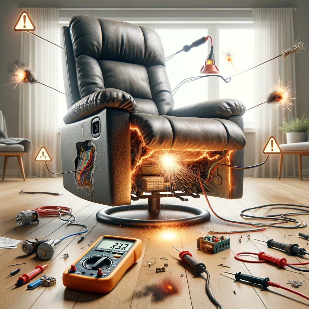  photo of a power recliner in a well lit room. the recliner is partially disassembled to expose its electrical components. sparks and alert symbols ema