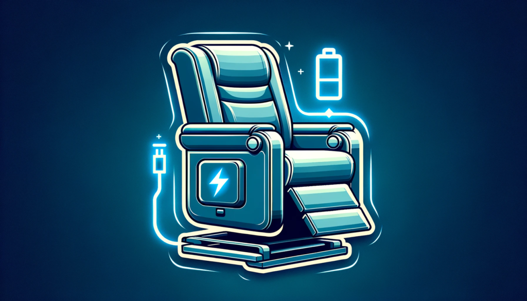 illustration of a comfortable lift chair displayed in both sitting and 45 degree recline positions. the battery compartment is prominently featured with a glowing outline for emphasis.