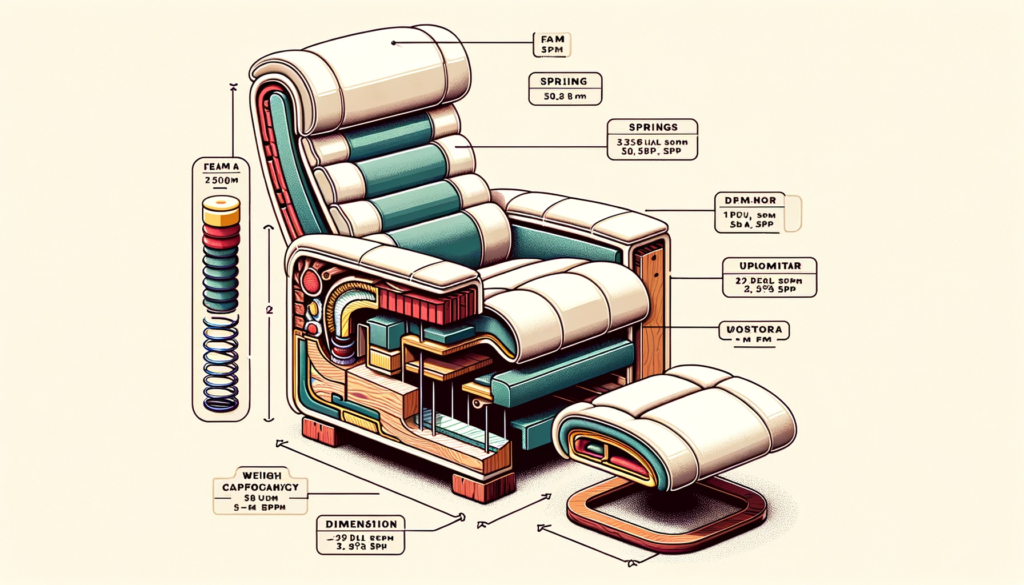illustration of a cross sectional view of a recliner and a chair with ottoman. the layers of materials, like foam, springs, and wood, are highlighted.