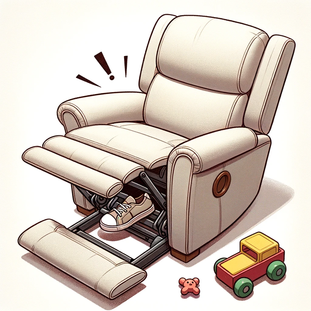 illustration of a recliner's footrest closing with a child's toy nearby, emphasizing the potential danger of items getting trapped