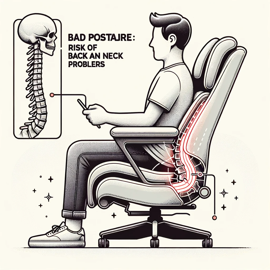 illustration of a side view of a person using a recliner. their spine is depicted in a curved manner, highlighting improper alignment. floating text n