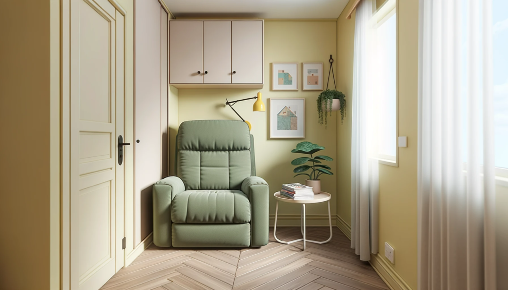 Illustration of a tiny apartment room. A modern wall-hugger recliner in olive green sits close to the wall, underscoring its compactness. 