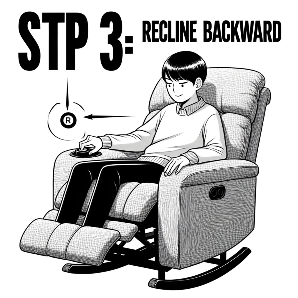 Photo of a person sitting in a power rocker recliner. They're pressing a button on the side, and the recliner is starting to move backwards. 