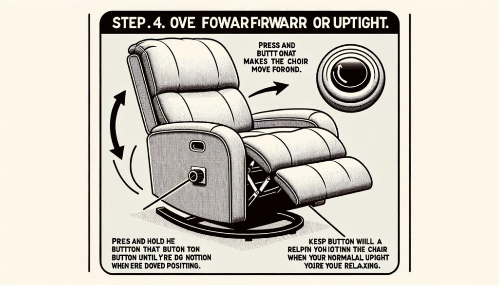 Vector illustration of a power rocker recliner in side view, showing the motion of the chair moving forward. The button on the control panel is highlighted. 