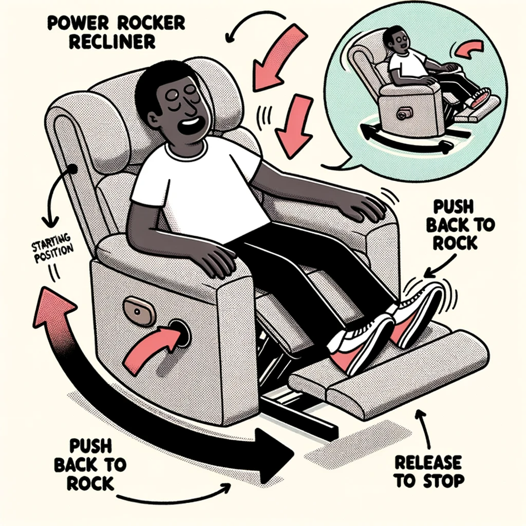 Cartoon diagram showing a power rocker recliner. On one side, a person is sitting comfortably in a reclined position with the label 'Starting Position'. On the other side, the same person is depicted pushing back on the recliner, causing it to rock. Arrows highlight the rocking motion. A bubble text says 'Push back to rock; release to stop.'