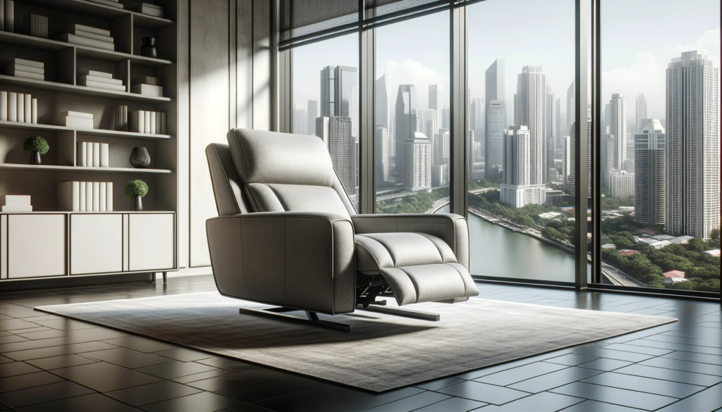 Photo of a contemporary recliner with a sleek design, set against a backdrop of large windows with a view of the city.