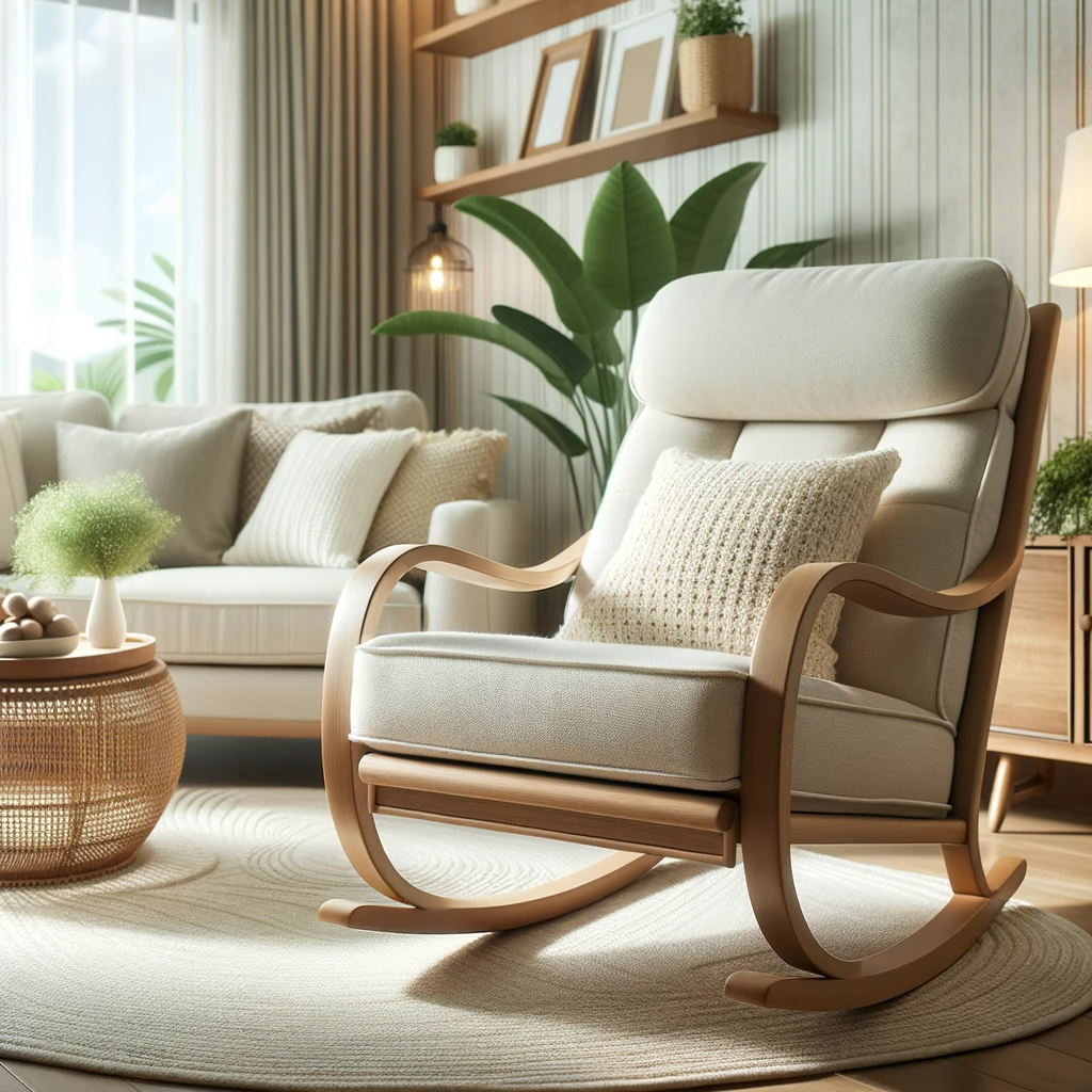 photo of a cozy glider chair in a well lit living room setting, with soft cushions and smooth wooden arms, perfect for relaxation.