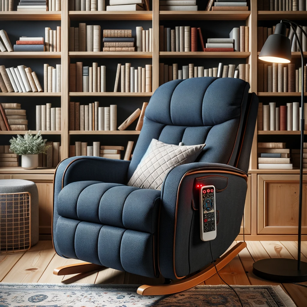 photo of a cozy reading nook with a navy blue rocker recliner, surrounded by wooden bookshelves filled with books. the recliner displays a remote control attached to its side indicating its heat and massage functions. A floor lamp beside the chair provides soft illumination.