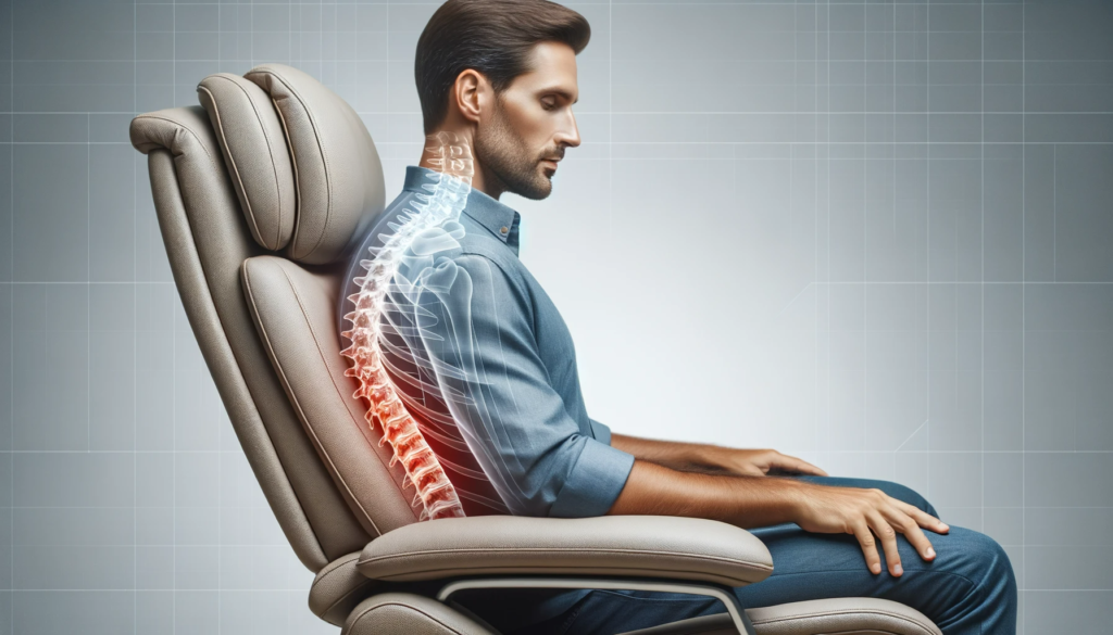 Photo of a man with medium complexion sitting sideways on a recliner chair, focusing on the back support. A transparent overlay shows the man's spinal alignment while he sits.

