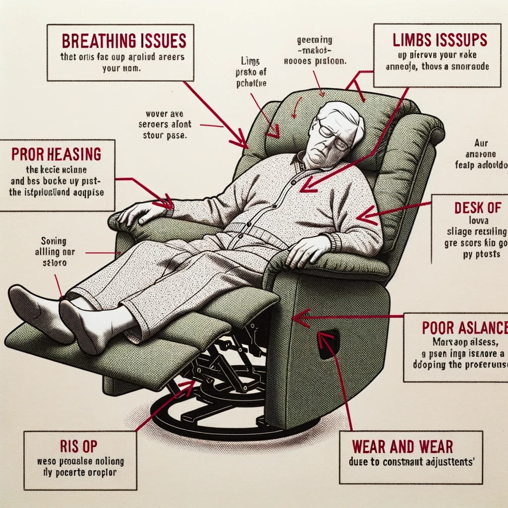 photo of a person sleeping on a recliner with visual indicators pointing to the chest area to signify breathing issues. arrows also point to the li 1