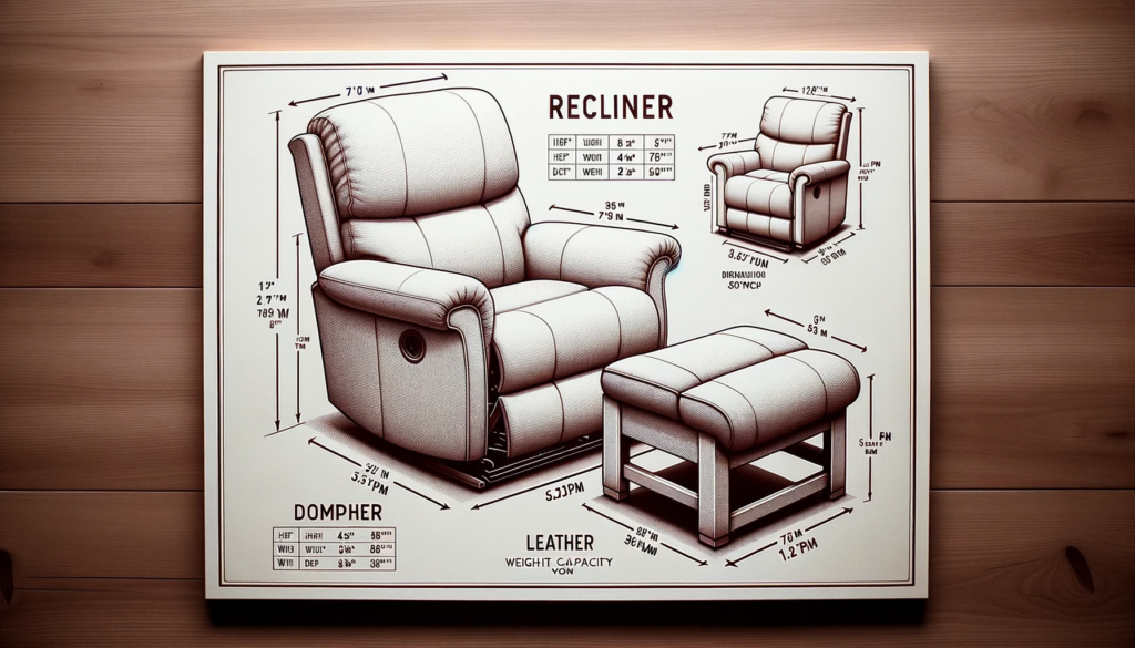 photo of a recliner and a chair with ottoman side by side. they are labeled with their dimensions, with the recliner showing a height, width, and depth