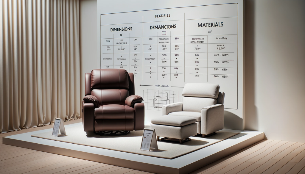 photo of a room setting with a recliner on one side and a chair with ottoman on the other. information cards are placed in front of each.