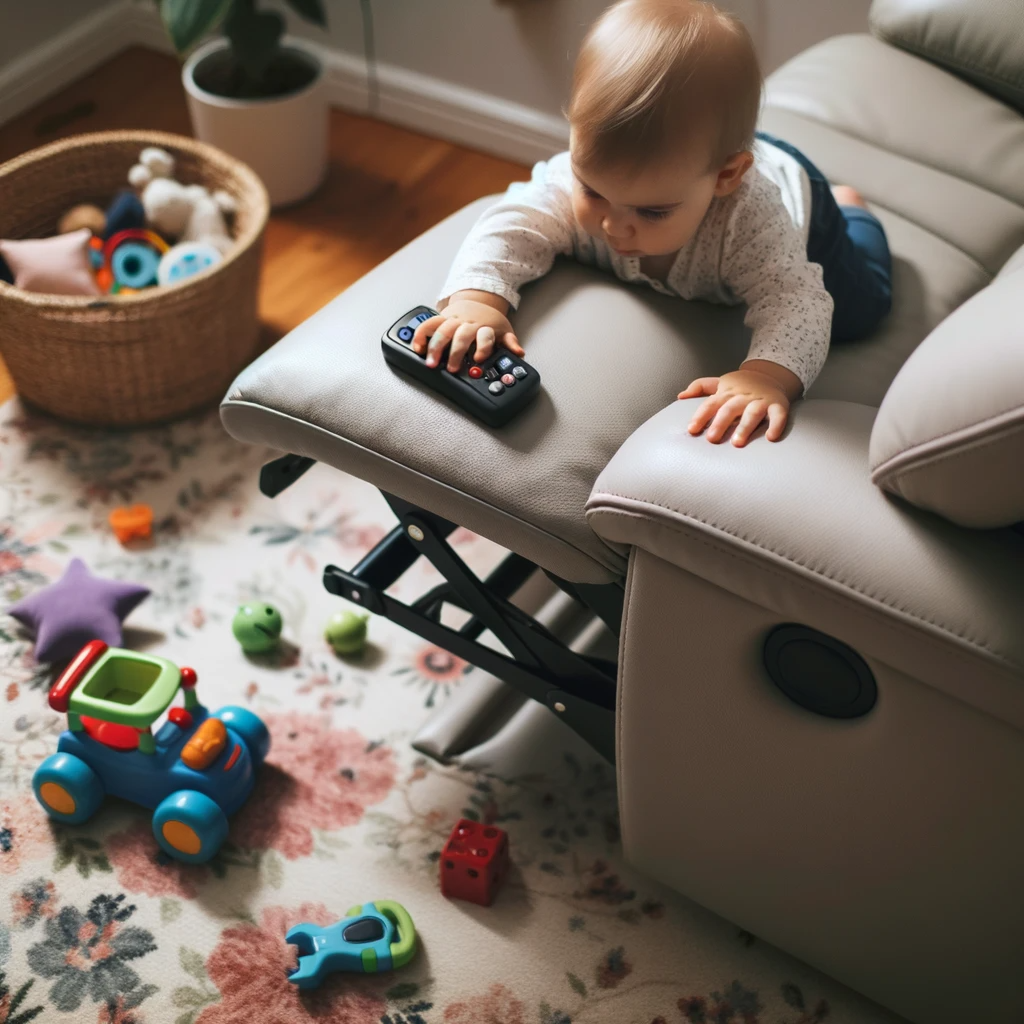photo of a toddler curiously reaching for the recliner's lever, with toys scattered around, highlighting the risk of sudden movement