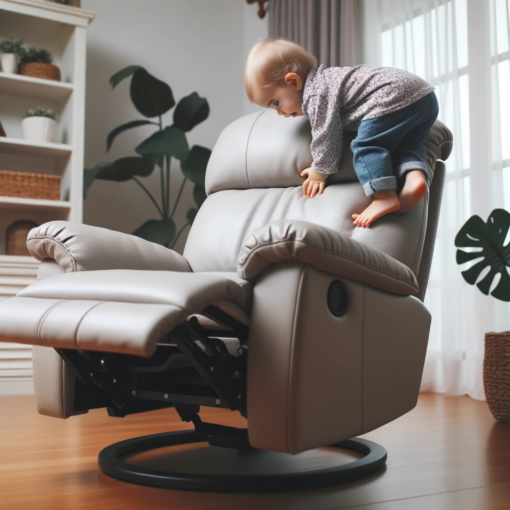 photo of a toddler trying to climb onto a recliner, showcasing the risk of falls if the chair suddenly moves
