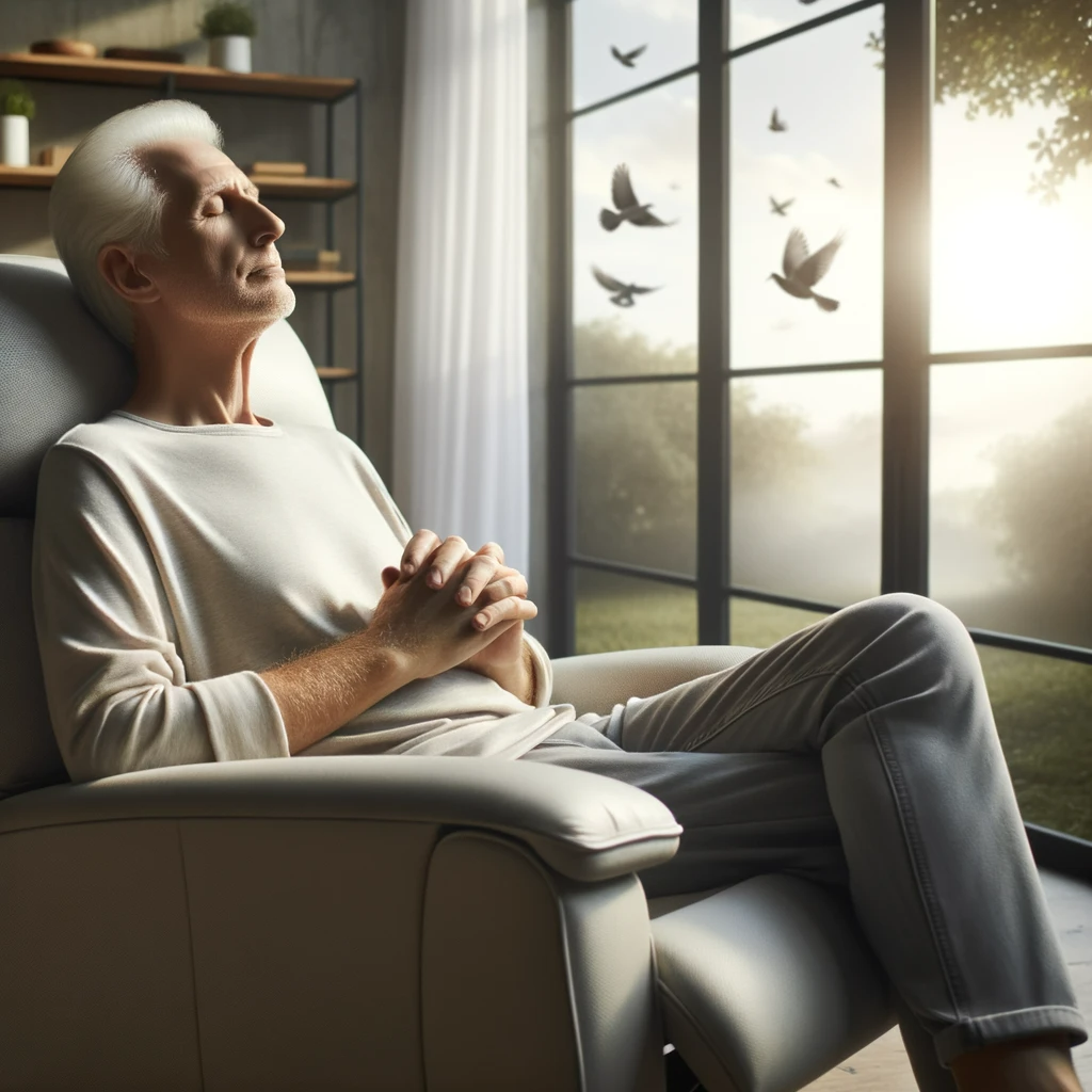 photo of an older man with pale skin, enjoying a moment of calm as he sits back into a modern recliner chair in a sunlit room with large windows.