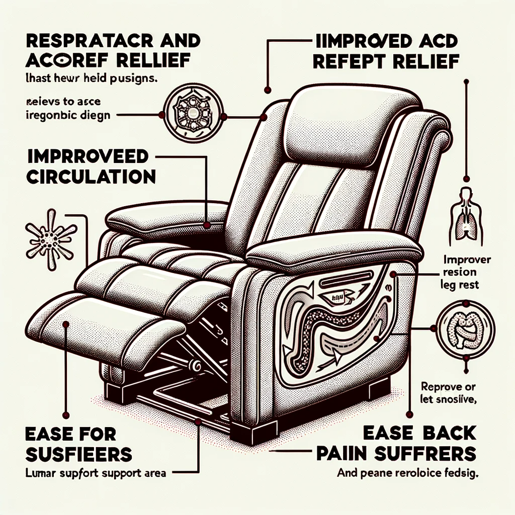 vector image of a recliner with detailed sections highlighting its ergonomic design. beside each section are callouts 'respiratory and acid reflux re