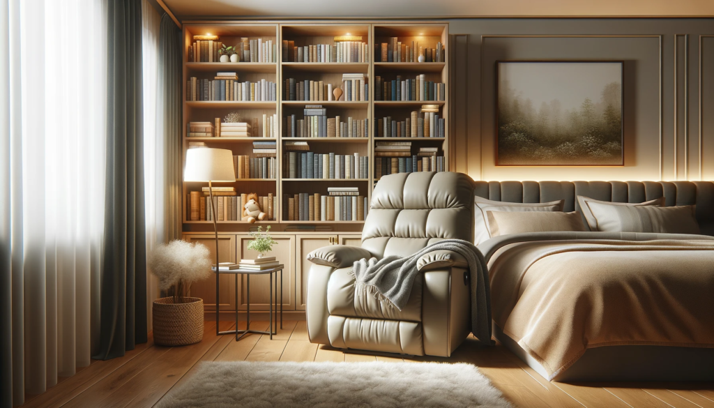 a bedroom featuring a plush recliner placed near a bookshelf. intellectual ch