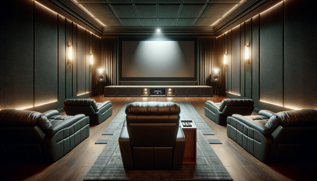 a media room or movie theatre with a plush recliner placed directly in front of the television or projection screen for an optimal viewing experience