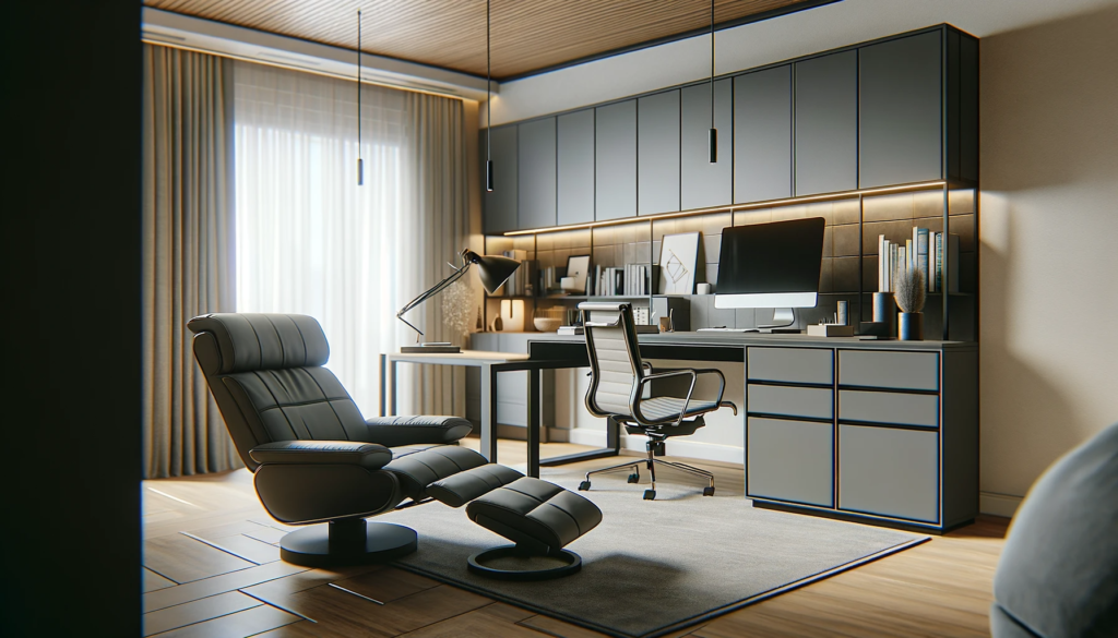 a modern home office with a sleek recliner near a desk.