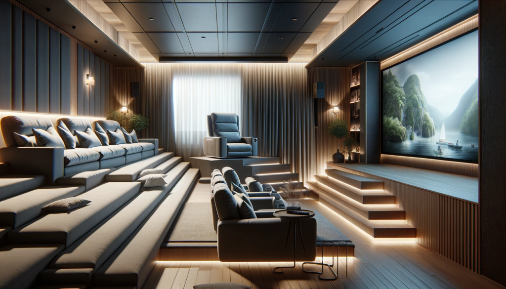 A modern media room or home movie theater, featuring a recliner placed on a higher tier for an optimal viewing experience. The room is designed with tiered or elevated seating, with the recliner positioned on one of the upper levels, providing a clear and comfortable view of the screen. 
