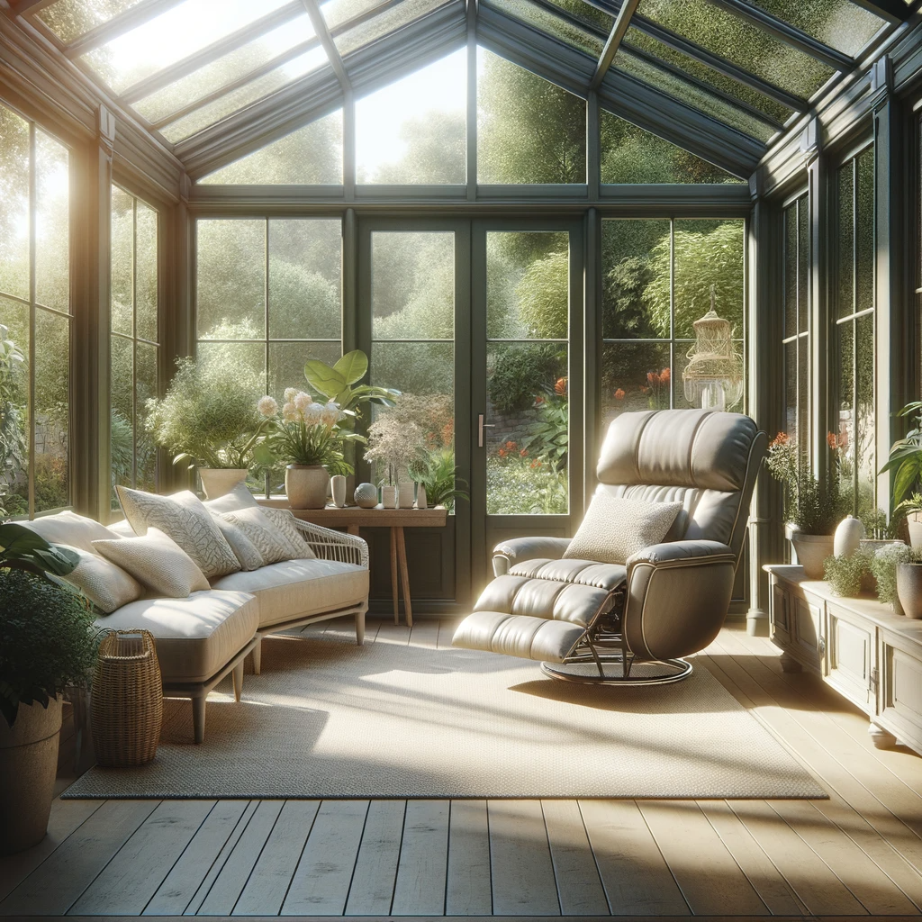 A sunroom or enclosed porch with a luxurious recliner placed in the center. The sunroom is surrounded by large glass windows, allowing natural light to flood the space. The interior is decorated with potted plants and comfortable cushions, creating a relaxing and serene atmosphere. The recliner is stylish and comfortable, positioned to enjoy both the indoor ambiance and the outdoor view. The overall setting is tranquil and perfect for leisure, reading, or simply enjoying the natural surroundings.