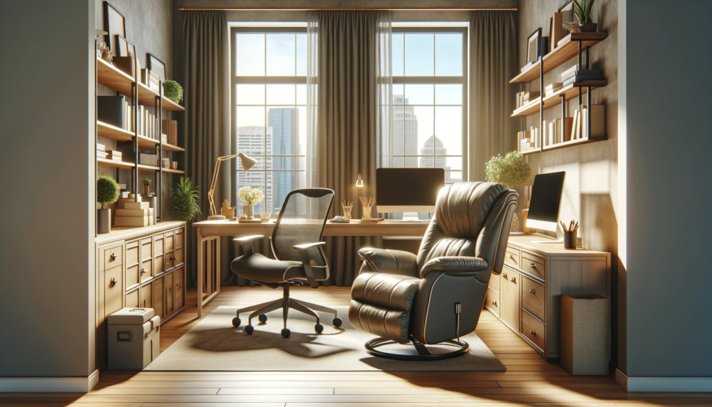 a well organized home office, featuring a comfortable recliner placed near a window.