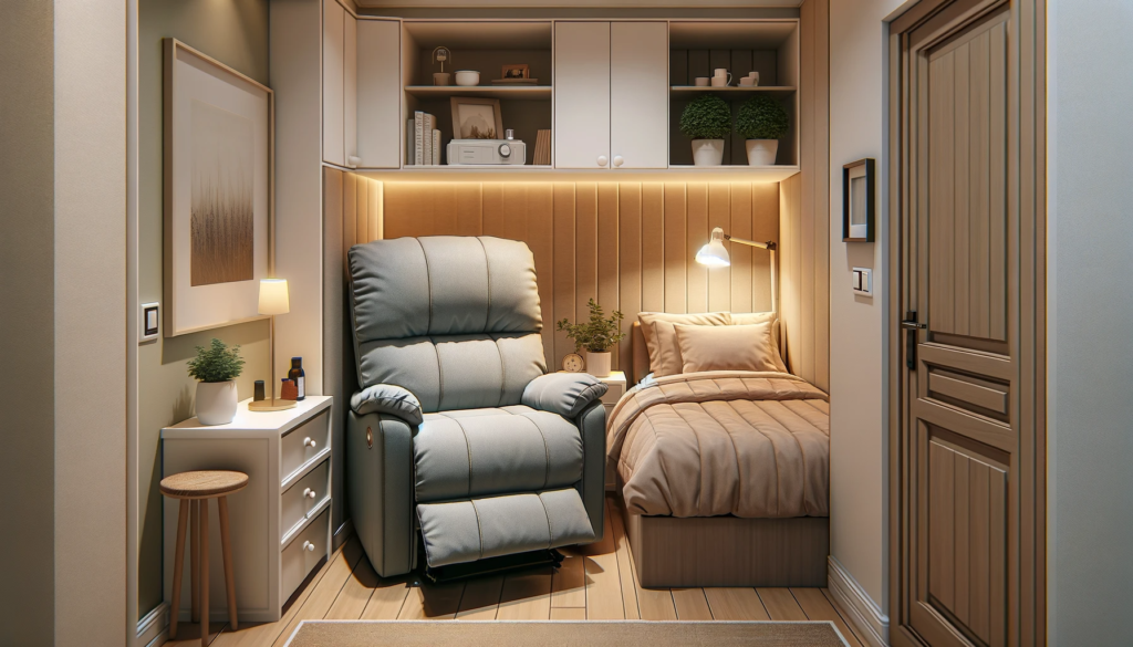 A small-sized bedroom featuring a wall-hugger recliner placed neatly in a corner to maximize space. The room's compact dimensions are apparent, but it's efficiently arranged to feel cozy and uncluttered. 