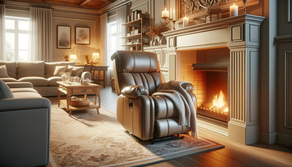 dall·e 2023 11 10 21.12.55 a cozy living room with a recliner placed very close to a fireplace. the room exudes warmth and comfort, with the recliner positioned near the firepla