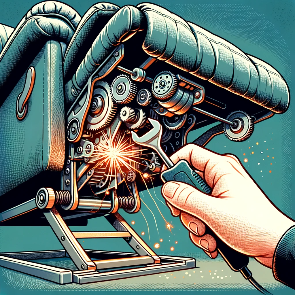 Illustration of a close-up view of a power recliner's footrest mechanism. The footrest is jammed and there are visible signs of wear and tear on the gears and components. A hand of Caucasian descent is holding a tool, attempting to fix the issue. 