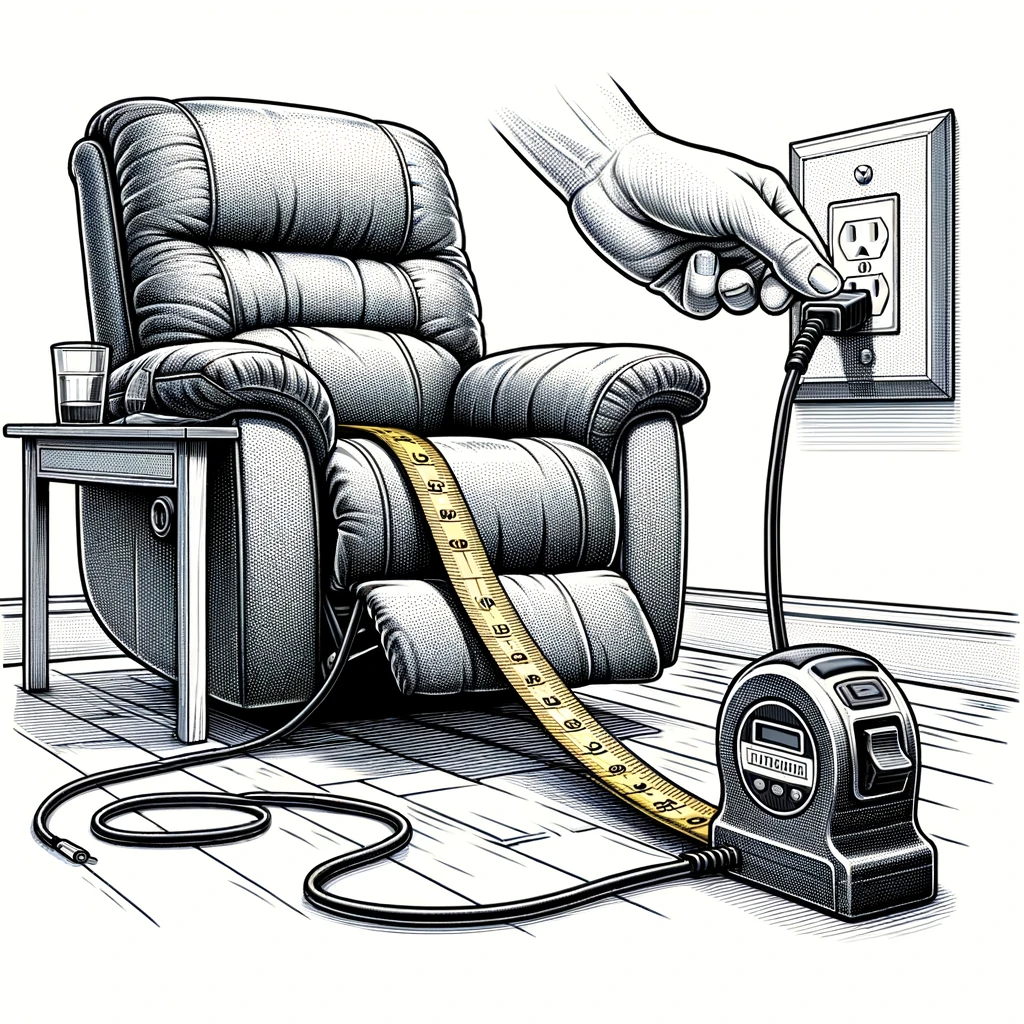 Illustration set in a living room where a power recliner cord is being carefully measured. The cord extends from the base of the recliner, leading to an electrical outlet on the wall. A tape measure is actively used to measure the cord.