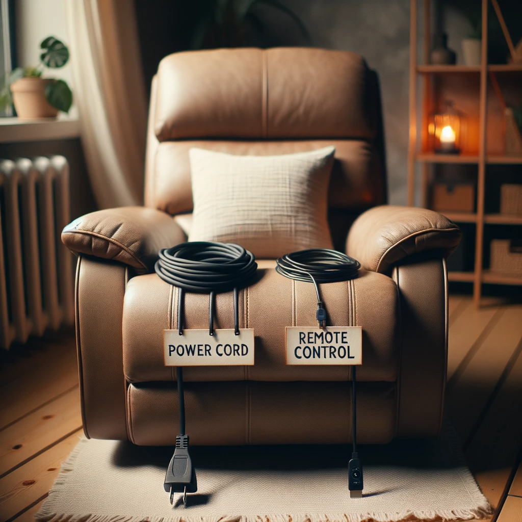 On the recliner, two cords are neatly arranged side by side. The one on the left is a robust power cord and next to it is a label stating 'Power Cord'. On the right, there's a slender remote control cord accompanied by a label that says 'Remote Control Cord'.