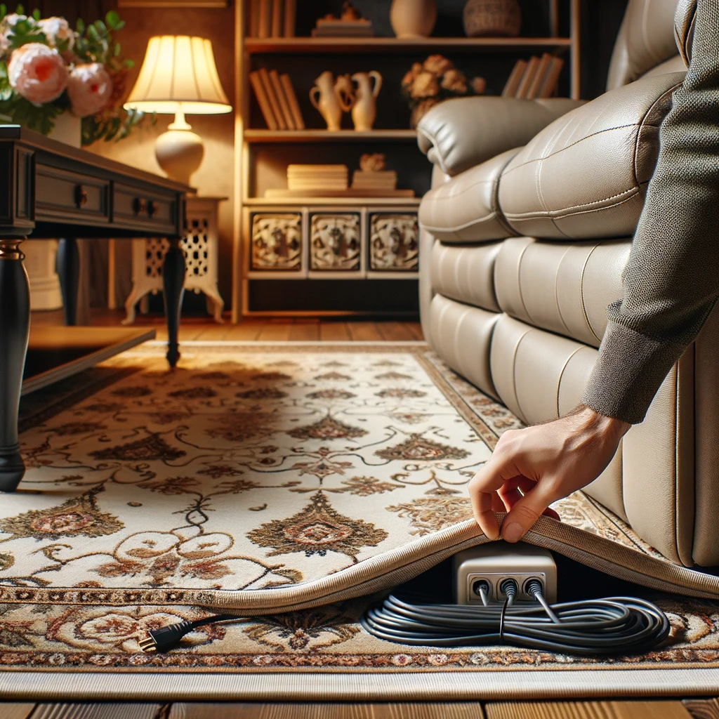 Photo of a well-organized living room with soft lighting creating a cozy ambiance. In the foreground, a person's hand is actively tucking a power recliner cord underneath a decorative rug. The rug has intricate designs, and by the end of the scene, the cord is completely concealed, emphasizing the neatness and effectiveness of the method.